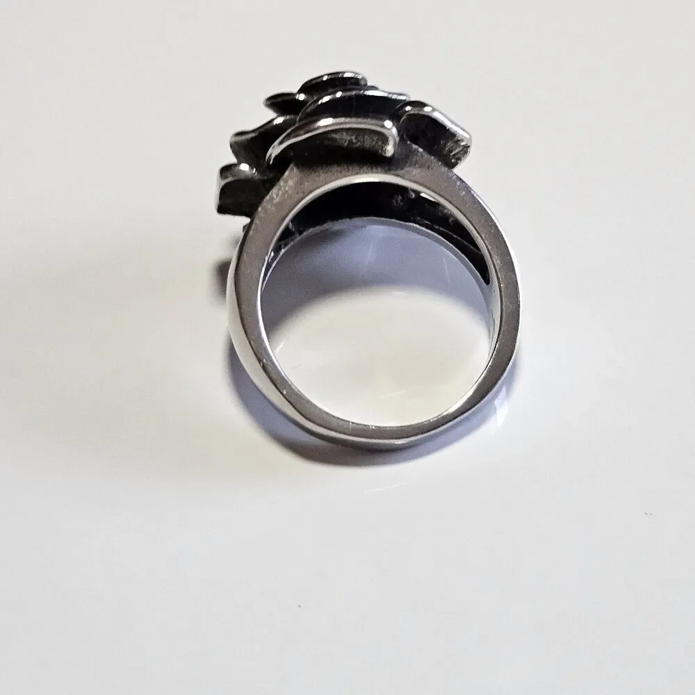 Spikes Stainless Steel Floral Rose Ring Size 8 Silver Tone Three Dimensional